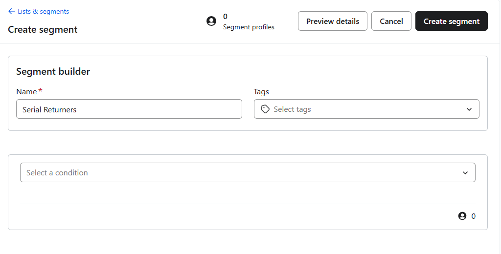 Klaviyo segment builder with Serial Returners name